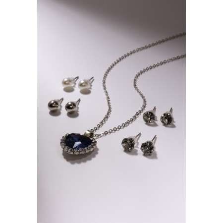 Set of 5 objects: 4 pairs fluffs, pendant “heart”, white-blue color in silver, 45 cm-1