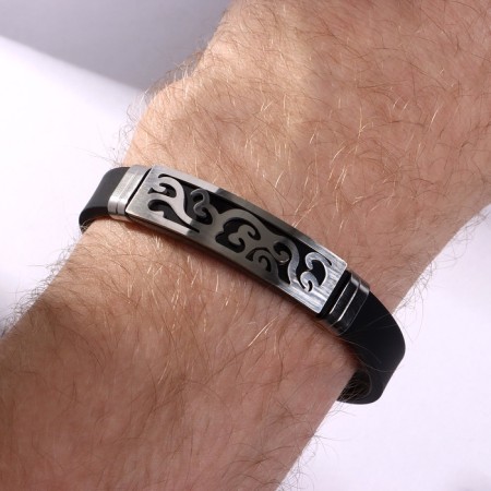 Unisex Bracelet "Power" a rectangle with a pattern, black color with silver, 22 cm-1
