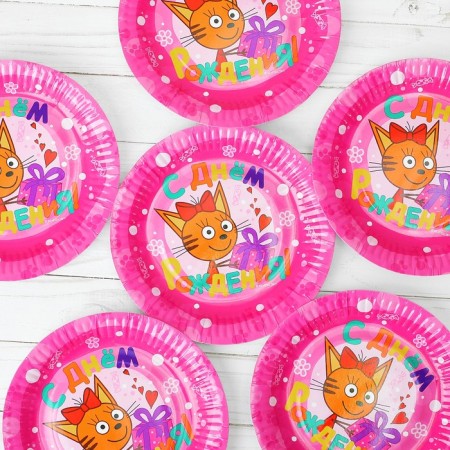Paper plate "Three cats", 6 pcs., 17 cm, pink color-1