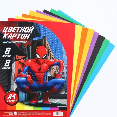 Cardboard Color, A4, 8 sheets, 8 colors, non-mercenary, bilateral, in a package, 180 g/m², Spider-Man-4