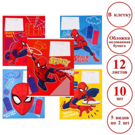 A set of notebooks 10 pieces, 12 sheets, in a cage, covered paper cover, spider-man