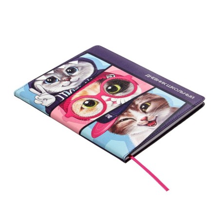School diary for grades 1-11 Cats, hard cover with artificial leather foam, PVC applique, 48 sheets, OFSET 80G/m2, universal cheat sheet-1