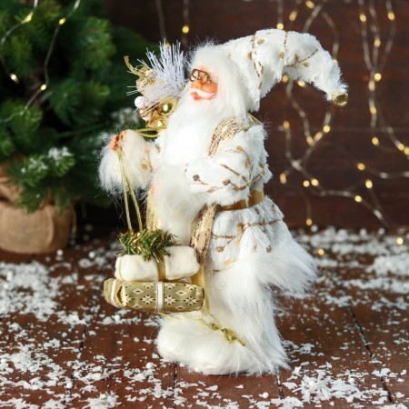 Santa Claus "with gifts and in the strap" 31 cm, white-gold-3