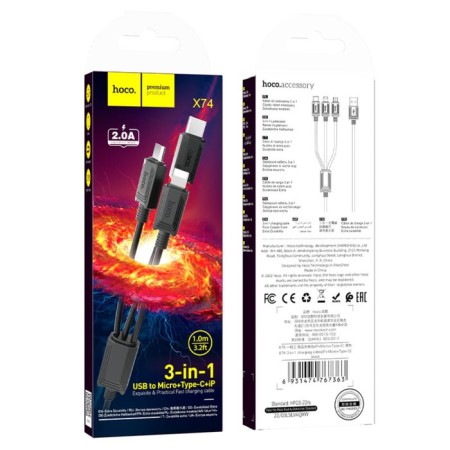 Cable Hoco X74, 3 V 1 Lightning/Micro/Type -C - USB, 2 A, 1 m, PVC, Black-4