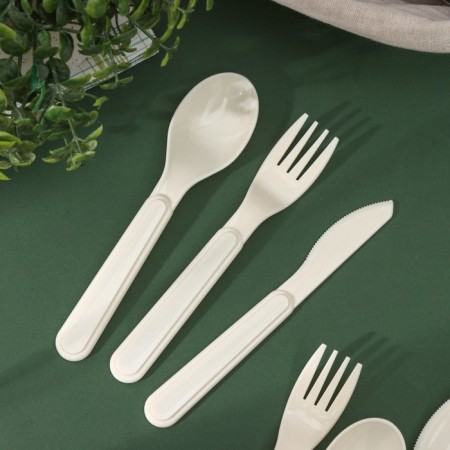 A set of cutlery for 2 people, 6 items: 2 forks, 2 spoons, 2 knives, beige color-2