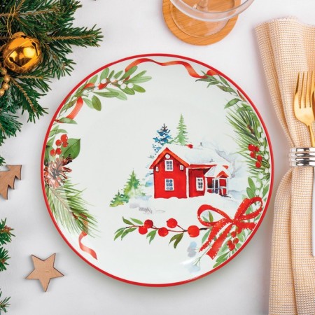 Ceramic plate "New Year's fairy tale" red, 25.5 cm, white color-1