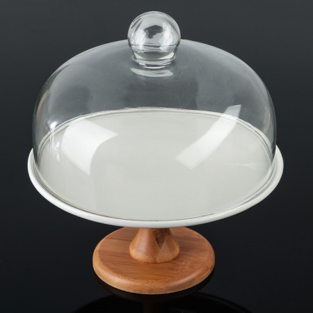 Ceramic dessert stand with a lid-plush on an esthete wooden leg, d = 24.5 cm, white color