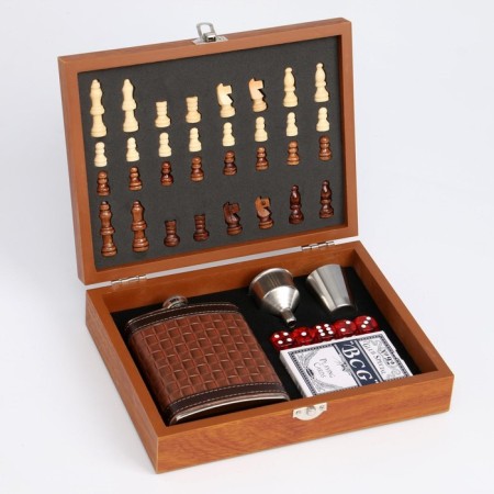 Set 6 in 1: Flaw 8 OZ, glass, funnel, cubes 5 pcs, cards, chess, 18 x 24 cm, mix-2