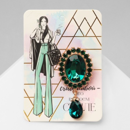 Obval brooch with a drop, green color in gold