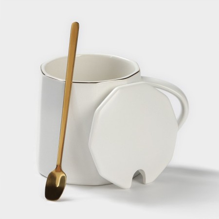 Ceramic mug with a spoon Simple, 350 ml, white color-1