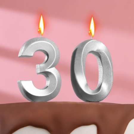 Candle in the cake jubilee "line" (set 2 in 1), number 30, silver metallic, 6.5 cm