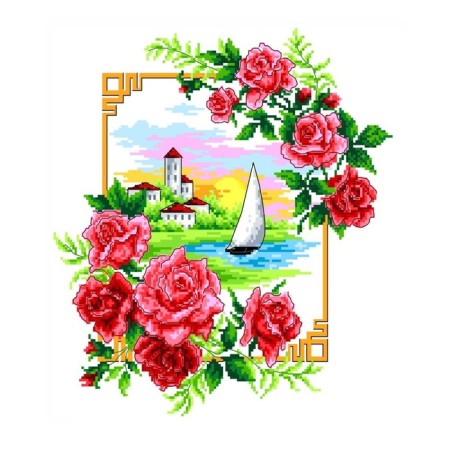 A set of embroidery with a cross on a canvas with a drawing “Roses”, 23x30 cm