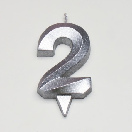 Candle in the cake "Face + Fountain", number "2", silver metallic, 6.5 cm-2
