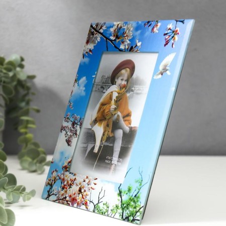 Photo frame glass 10x15 cm "Blooming apple tree and pigeons" 17x22 cm-1