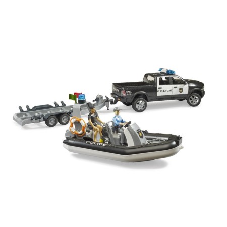 Pikap Police Bruder, with a trailer, boat and two figures of people-6