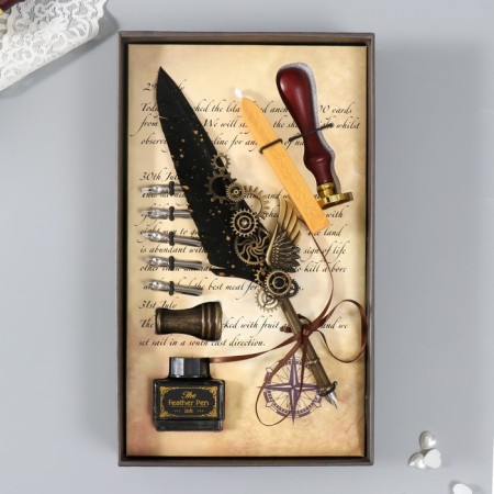 Feature handle set with interchangeable feathers+stand+ink+wax+print 26x12x4 cm-1