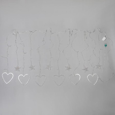 Garland “fringe” 2.4 × 0.9 m with nozzles “heart”, ip20, transparent thread, 186 LED, white glow, 8 modes, 220 V-5