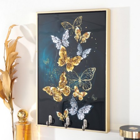 Key plastic, MDF 3 hooks "Magic butterflies" rhinestones, gold 29x1.8x19 cm-1
