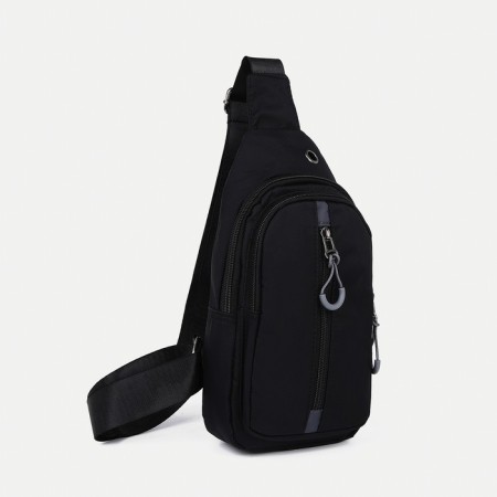 Male sling bag from textiles, headphone opening, black color-1