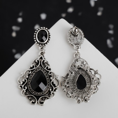Earrings with rhinestones "Extraordinary" openwork, black color in black silver-2