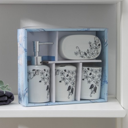 A bathroom set, 4 items (soap dish, soap dispenser, 2 glasses), white color-3
