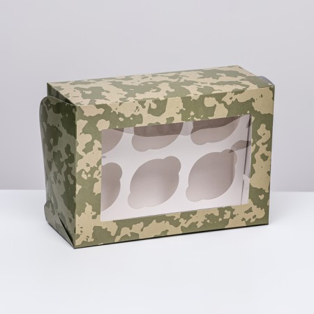 Packaging for 6 cupcakes with a window, "camouflage", 25 x 17 x 10 cm