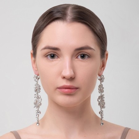 Hanging earrings with rhinestones "evening" flowering, white color in silver, 10.5 cm-2