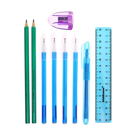 Cleaning set 10 items (penalty tubus 65 x 210 mm, handle 4 pieces blue, ruler 15 cm, sharpener, pencil 2 pieces, textbook), blue-8