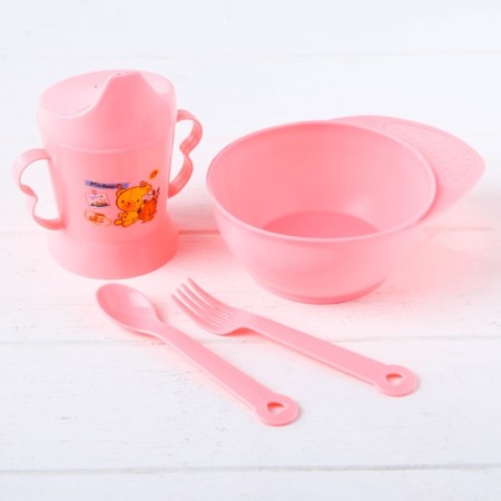 A set of children's dishes, 4 items: bowl, spoon, fork, chip with solid nose 200 ml, MIX color-2