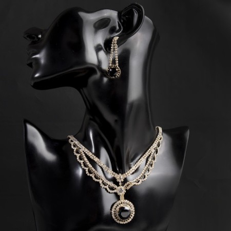 Set 2 objects: earrings, necklace "Phoenix" circle, white-black color in gold, 35 cm
