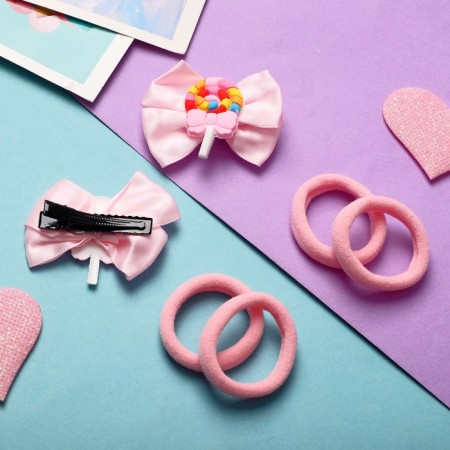 Sofia hair set (4 elastic bands, 2 clamps) Caramel bow, pink-2