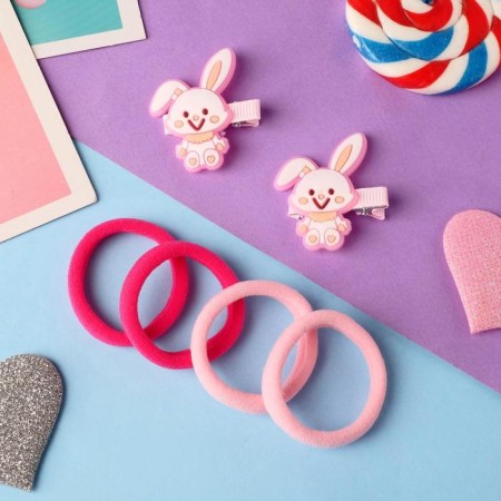 Caramel hair set (4 elastic bands, 2 clamps) hare, 3.5x2.5 cm, pink-1