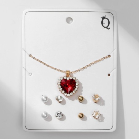 Set of 5 objects: 4 pairs fluffs, the pendant "heart", white-red color in gold, 40 cm