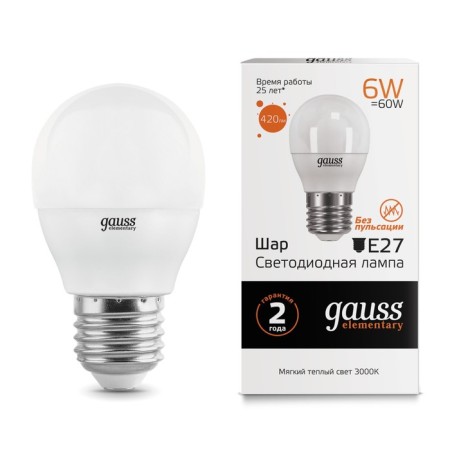 LED LED ELEMENTARY 6W ball 3000K TEPP. Bel. E27 420lm Gauss 53216