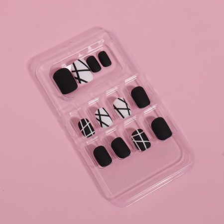Black overhead nails, 12 pcs, with adhesive plates, soft square shape, black/white color-2