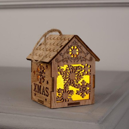 Christmas tree toy "House with snowflakes", from batteries, glow of warm white-2