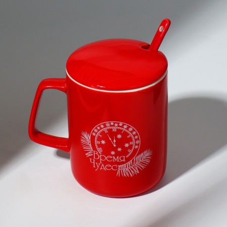 Ceramic mug with a spoon and lid "Miracles Time", 400 ml, red color-2