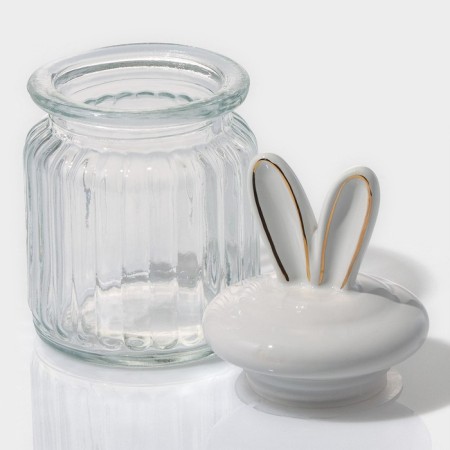Glass Bank for bulk products with a ceramic lid of the bunny in gold, 230 ml-1