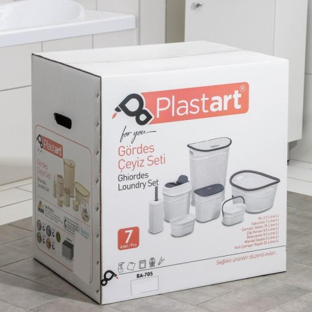 Set for the bathroom, 7 items: basket 4 pcs, basket for linen, garbage bucket, ruff, white color-16
