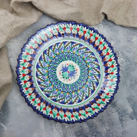Plate of the Rishtan ceramics "Flowers", blue, embossed, 27cm-1