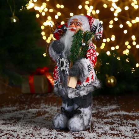 Santa Claus "In a white-red fur coat with a strap, with skis" 30 cm-2