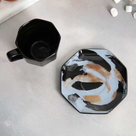 Tea couple ceramic Art, mug 200 ml, saucer 13 cm, black color