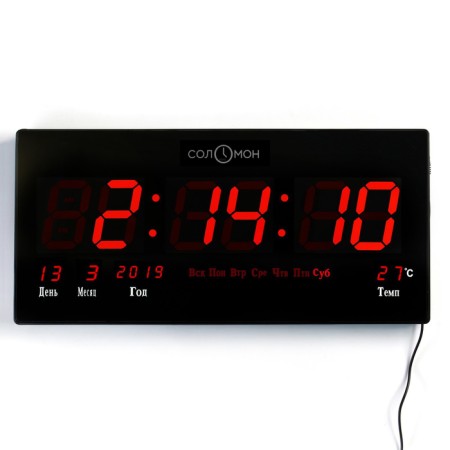 Electronic wall clock "Solomon": thermometer, calendar, 21.5 x 45.5 cm, red numbers-1