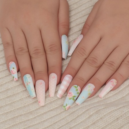 Frighting Nails Provence, 12 pcs, with adhesive plates, ballerina shape, beige/blue color-8