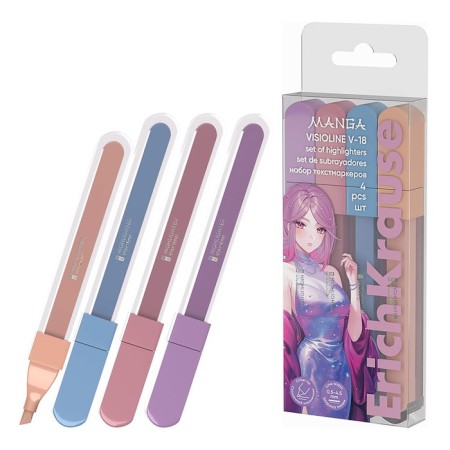 A set of textbook markers 4 pieces Erichkrause Visiooline V -18 "Manga", a beveled node 0.5 - 4.5 mm, on water -based dries quickly, mix