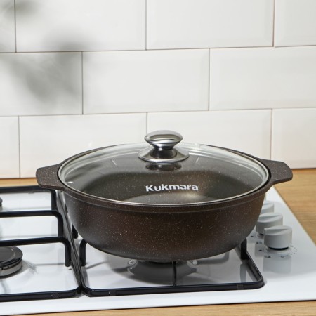 Frying, 3 l, d = 38 cm, h = 9 cm, glass cover, anti -stick coating, brown color-3