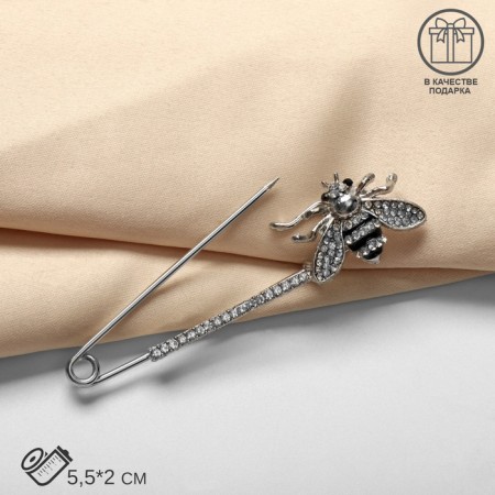 Bulavka "Bee" with rhinestones, 5.5cm, black and white color in silver-2