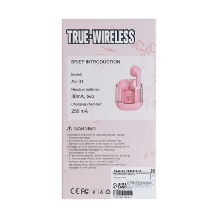 Wireless headphones Air31, TWS, vacuum, BT 5.0, 45/230 mAh, transparent, pink-8