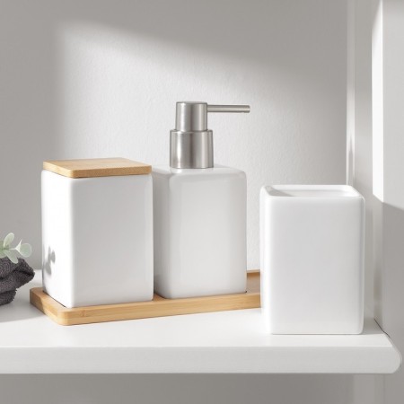 Savanna Square bathroom accessories set, 4 items (soap dispenser, 2 glasses, stand), white color-4
