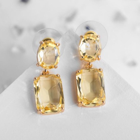 Earrings with rhinestones "Spring" oval square, color of the yellow diamond in gold-1